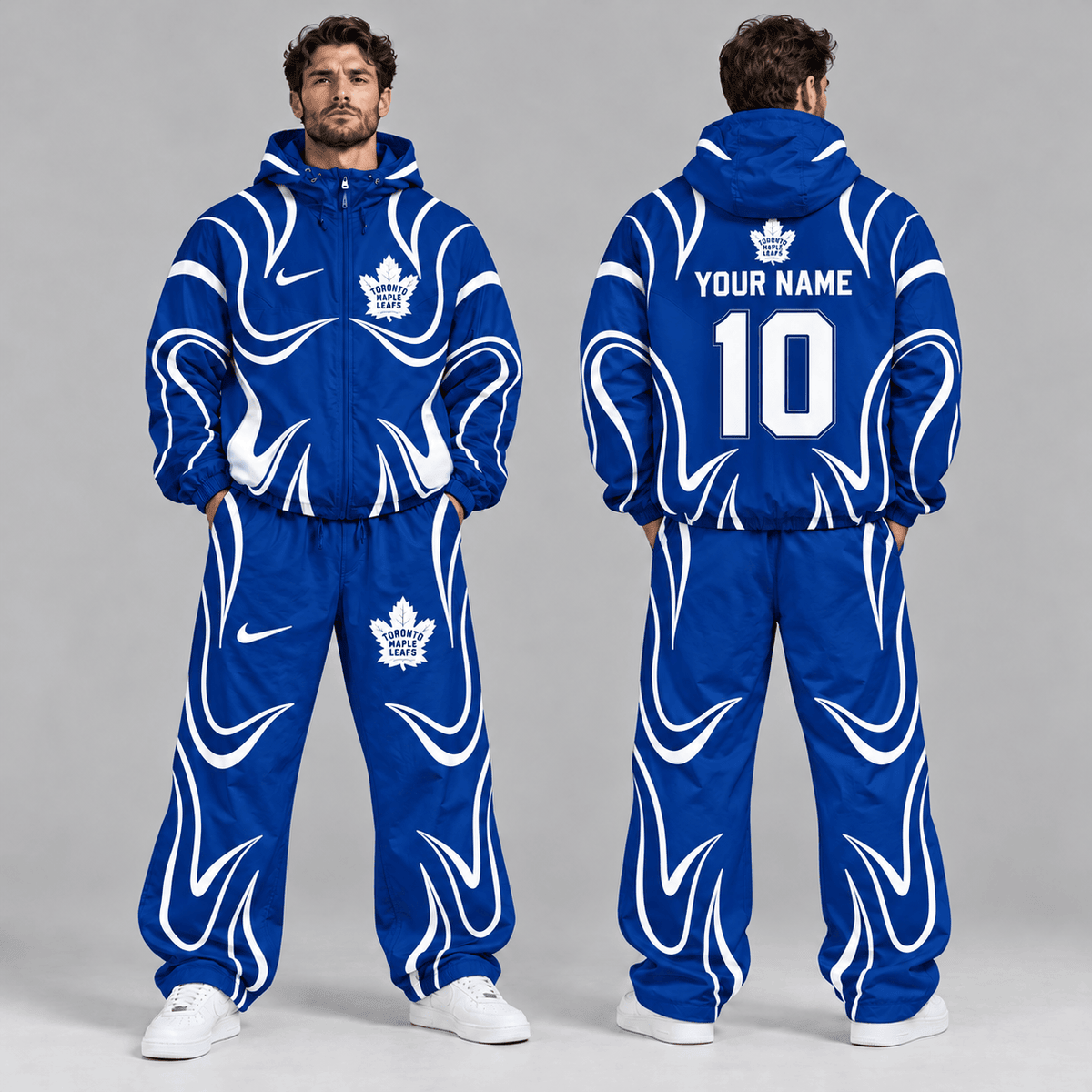 Toronto Maple Leafs | Premium NHL Aero Wave Graphic Hooded Full Zip Windbreaker Jacket and Matching Wide Leg Track Pants Set with Custom Name and Number NDN cover