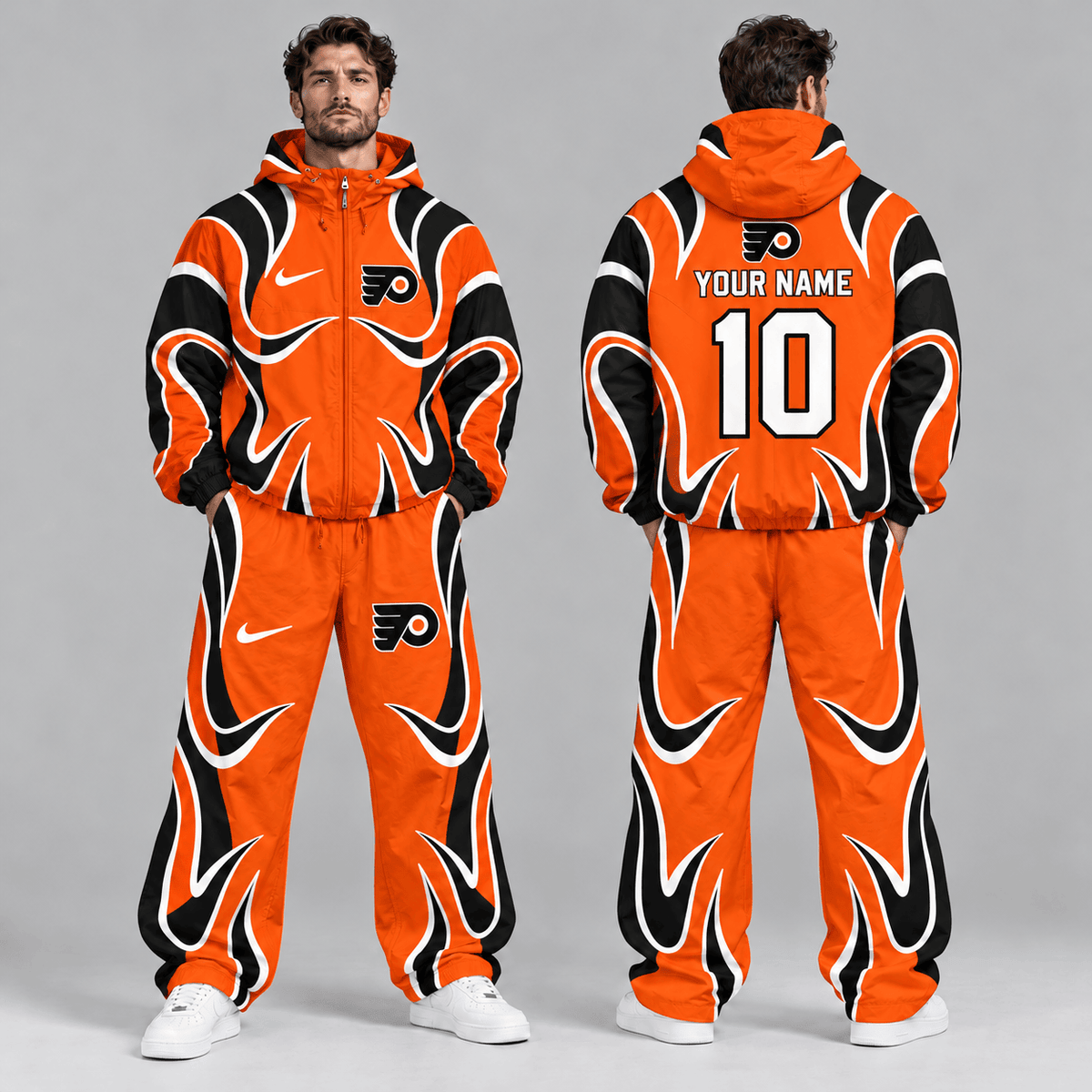 Philadelphia Flyers | Premium NHL Aero Wave Graphic Hooded Full Zip Windbreaker Jacket and Matching Wide Leg Track Pants Set with Custom Name and Number NDN cover