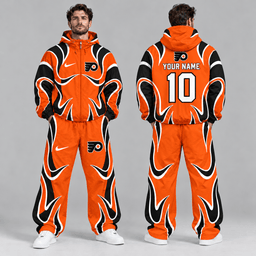 Philadelphia Flyers | Premium NHL Aero Wave Graphic Hooded Full Zip Windbreaker Jacket and Matching Wide Leg Track Pants Set with Custom Name and Number NDN cover