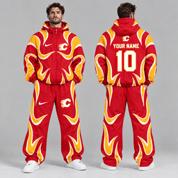 Calgary Flames | Premium NHL Aero Wave Graphic Hooded Full Zip Windbreaker Jacket and Matching Wide Leg Track Pants Set with Custom Name and Number NDN cover