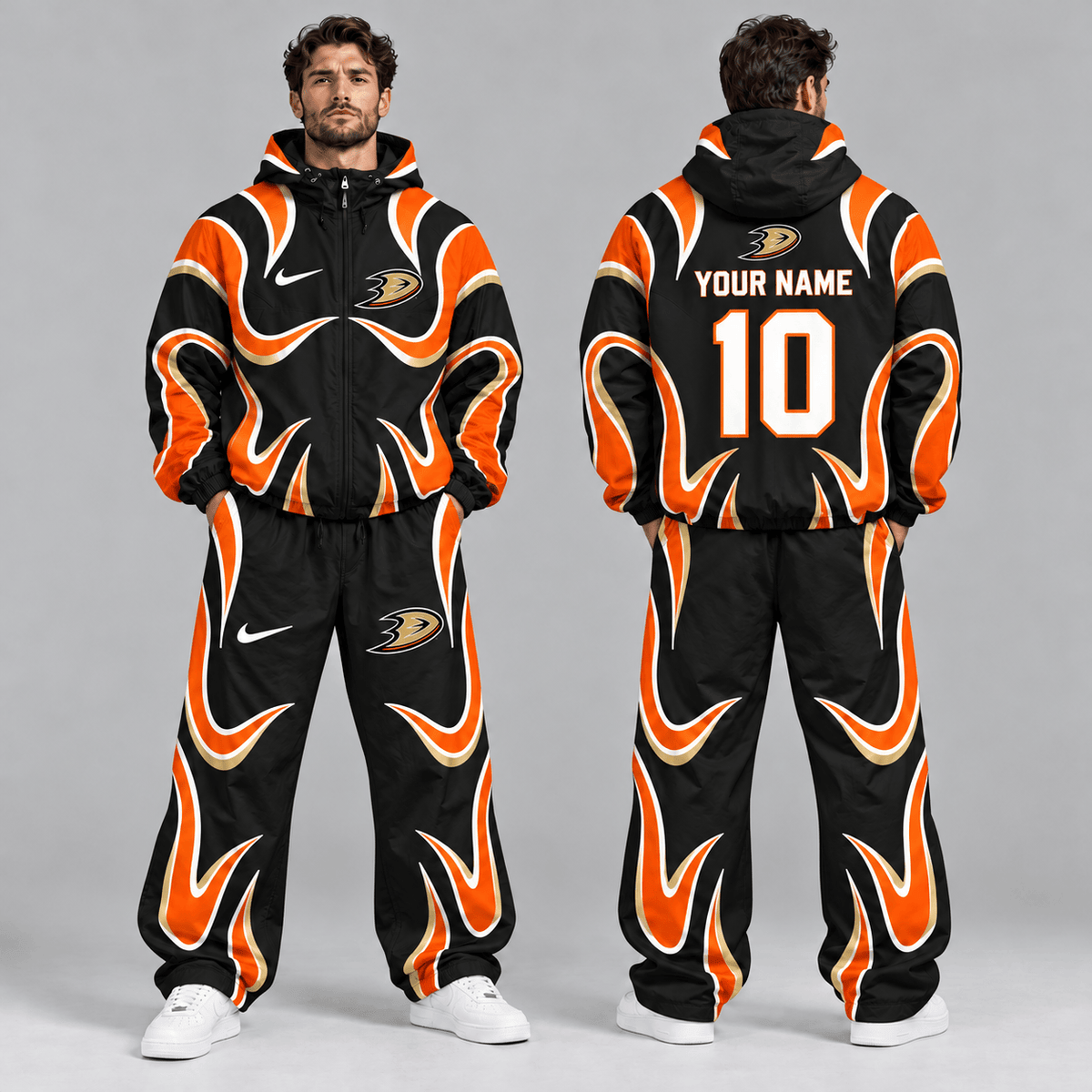 Anaheim Ducks | Premium NHL Aero Wave Graphic Hooded Full Zip Windbreaker Jacket and Matching Wide Leg Track Pants Set with Custom Name and Number NDN cover