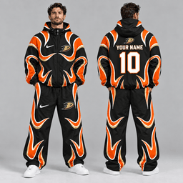 Anaheim Ducks | Premium NHL Aero Wave Graphic Hooded Full Zip Windbreaker Jacket and Matching Wide Leg Track Pants Set with Custom Name and Number NDN cover