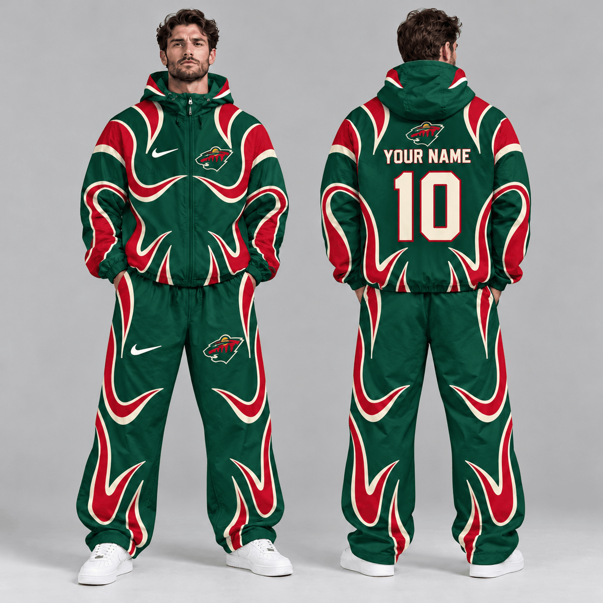 Minnesota Wild | Premium NHL Aero Wave Graphic Hooded Full Zip Windbreaker Jacket and Matching Wide Leg Track Pants Set with Custom Name and Number NDN cover
