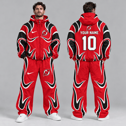 New Jersey Devils | Premium NHL Aero Wave Graphic Hooded Full Zip Windbreaker Jacket and Matching Wide Leg Track Pants Set with Custom Name and Number NDN cover