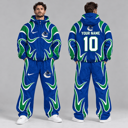 Vancouver Canucks | Premium NHL Aero Wave Graphic Hooded Full Zip Windbreaker Jacket and Matching Wide Leg Track Pants Set with Custom Name and Number NDN cover