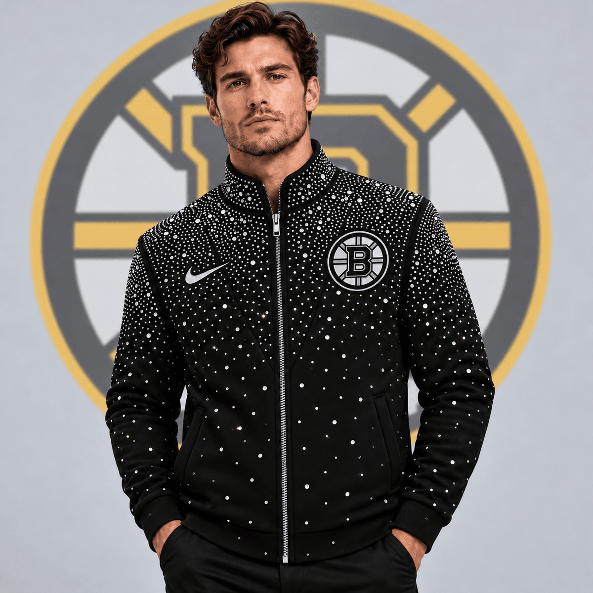 Boston Bruins | Premium NHL Luxury Crystal Studded Full Zip Bomber Jacket with Sparkling Rhinestone Design NDN cover