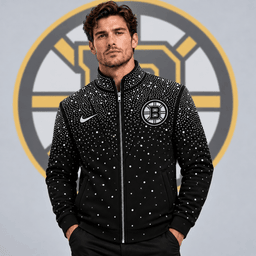 Boston Bruins | Premium NHL Luxury Crystal Studded Full Zip Bomber Jacket with Sparkling Rhinestone Design NDN cover