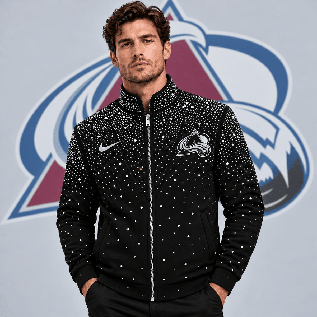 Colorado Avalanche | Premium NHL Luxury Crystal Studded Full Zip Bomber Jacket with Sparkling Rhinestone Design NDN cover