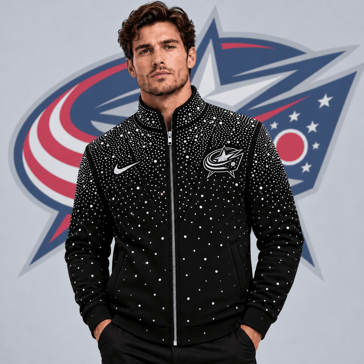 Columbus Blue Jackets | Premium NHL Luxury Crystal Studded Full Zip Bomber Jacket with Sparkling Rhinestone Design NDN cover