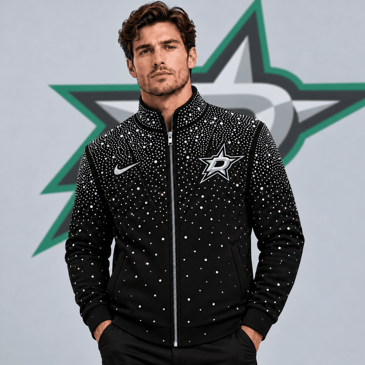 Dallas Stars | Premium NHL Luxury Crystal Studded Full Zip Bomber Jacket with Sparkling Rhinestone Design NDN cover