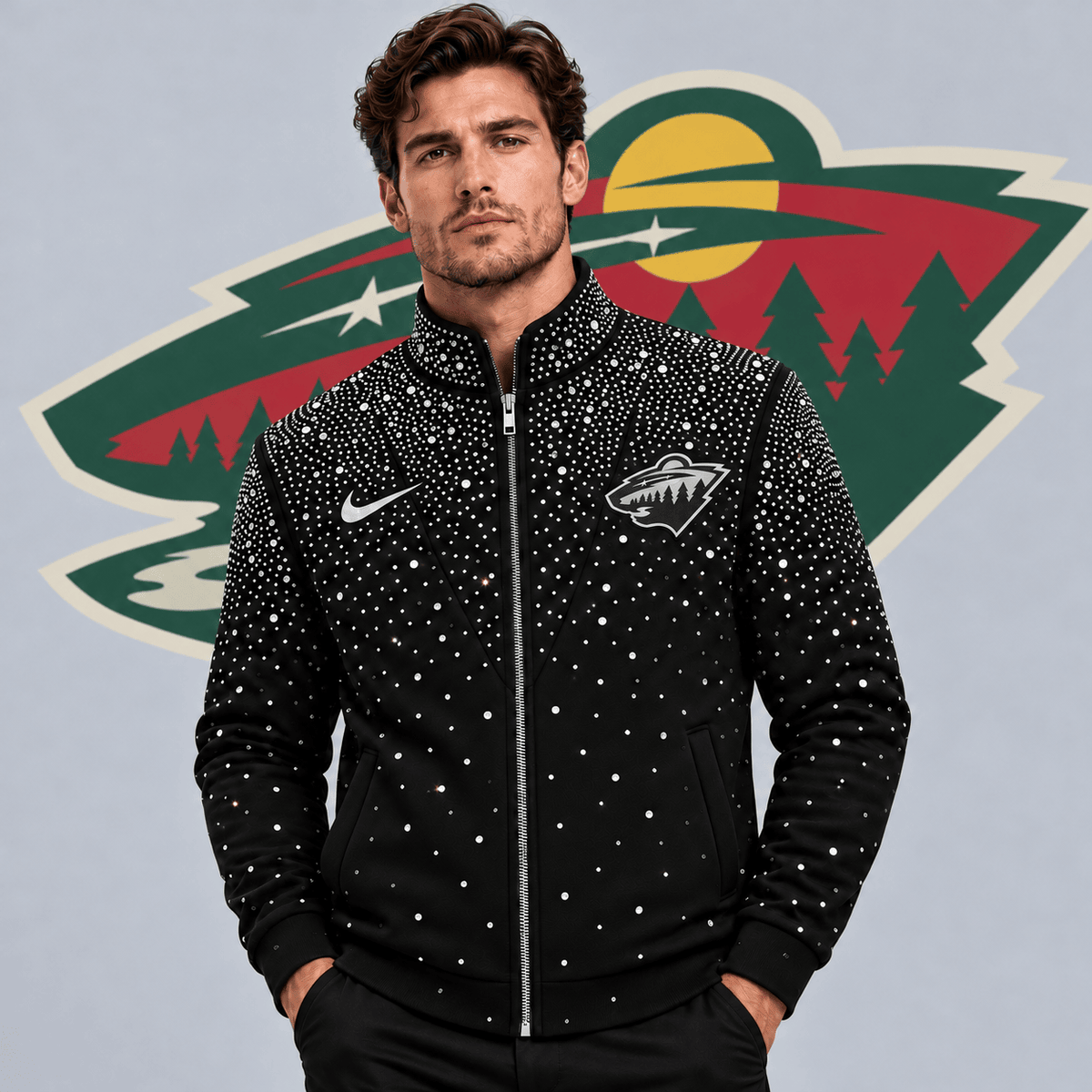 Minnesota Wild | Premium NHL Luxury Crystal Studded Full Zip Bomber Jacket with Sparkling Rhinestone Design NDN cover