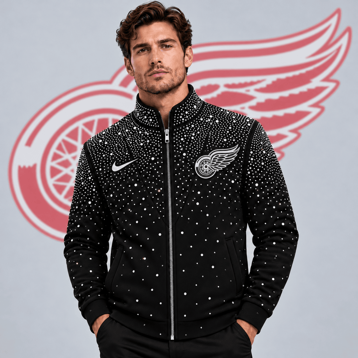 Detroit Red Wings | Premium NHL Luxury Crystal Studded Full Zip Bomber Jacket with Sparkling Rhinestone Design NDN cover