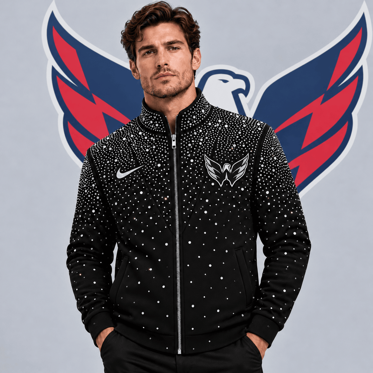 Washington Capitals | Premium NHL Luxury Crystal Studded Full Zip Bomber Jacket with Sparkling Rhinestone Design NDN cover
