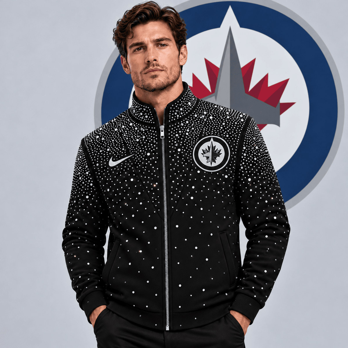 Winnipeg Jets | Premium NHL Luxury Crystal Studded Full Zip Bomber Jacket with Sparkling Rhinestone Design NDN cover