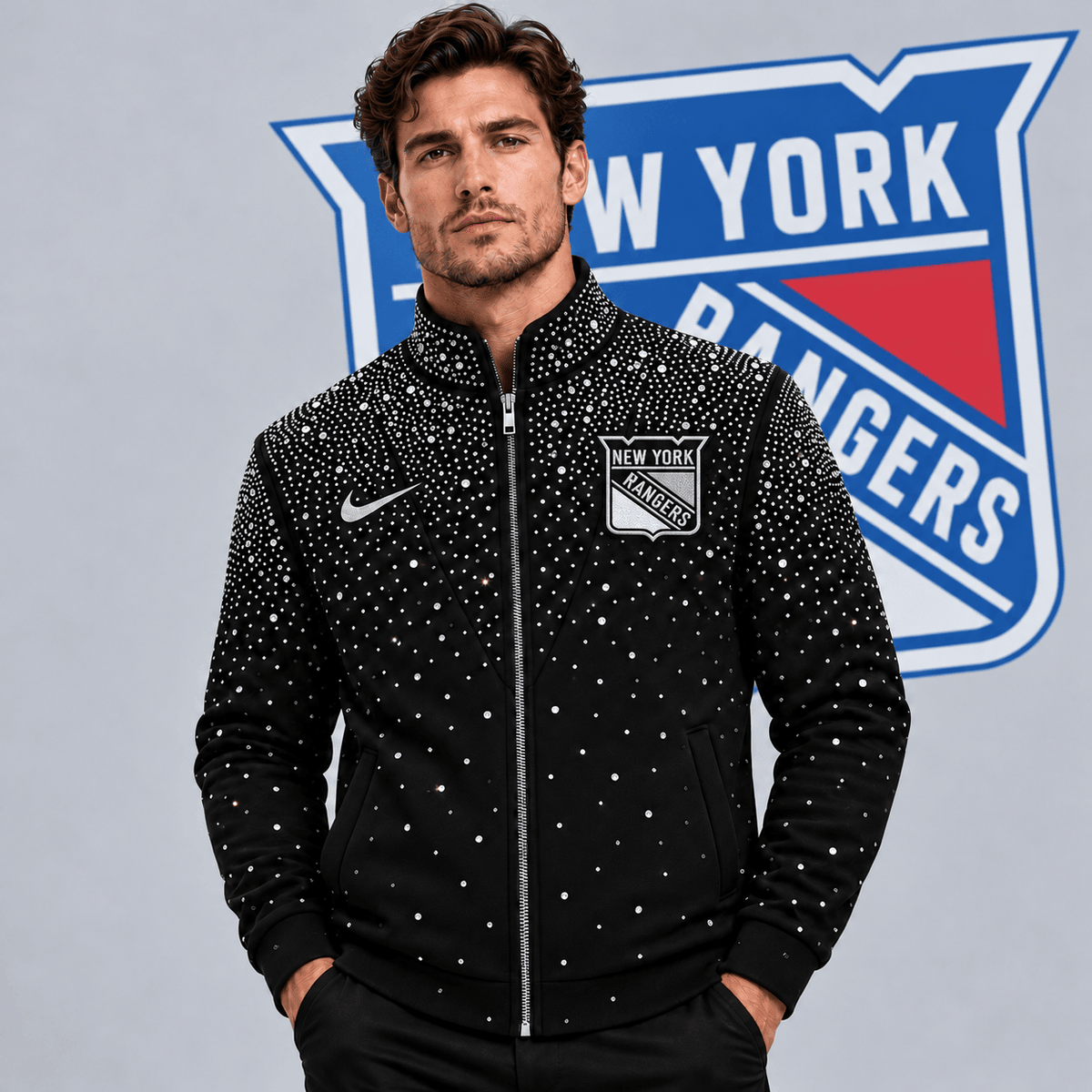 New York Rangers | Premium NHL Luxury Crystal Studded Full Zip Bomber Jacket with Sparkling Rhinestone Design NDN cover