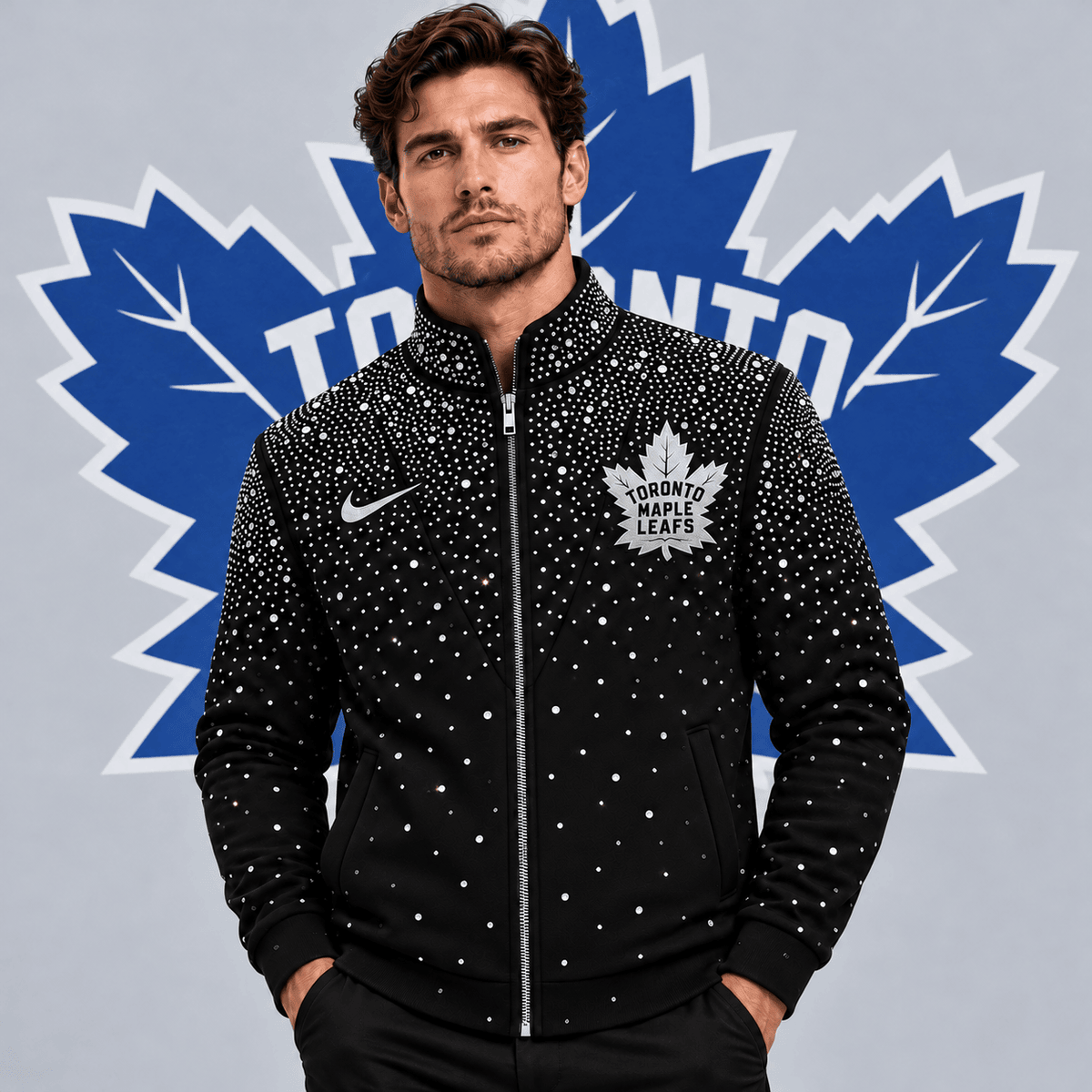 Toronto Maple Leafs | Premium NHL Luxury Crystal Studded Full Zip Bomber Jacket with Sparkling Rhinestone Design NDN cover
