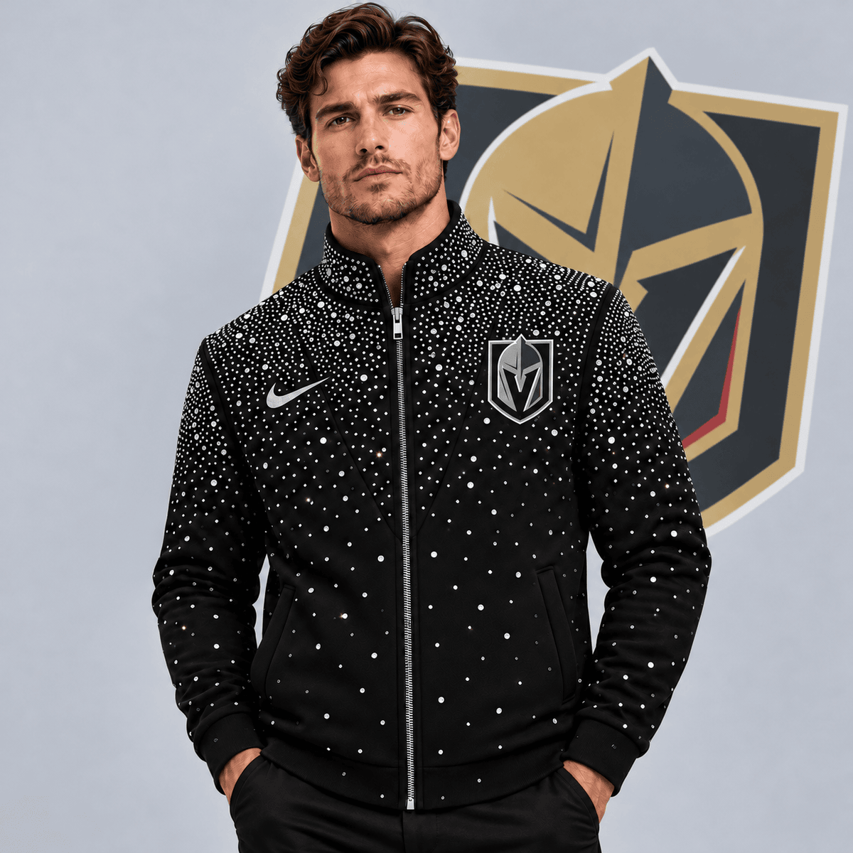 Vegas Golden Knights | Premium NHL Luxury Crystal Studded Full Zip Bomber Jacket with Sparkling Rhinestone Design NDN cover