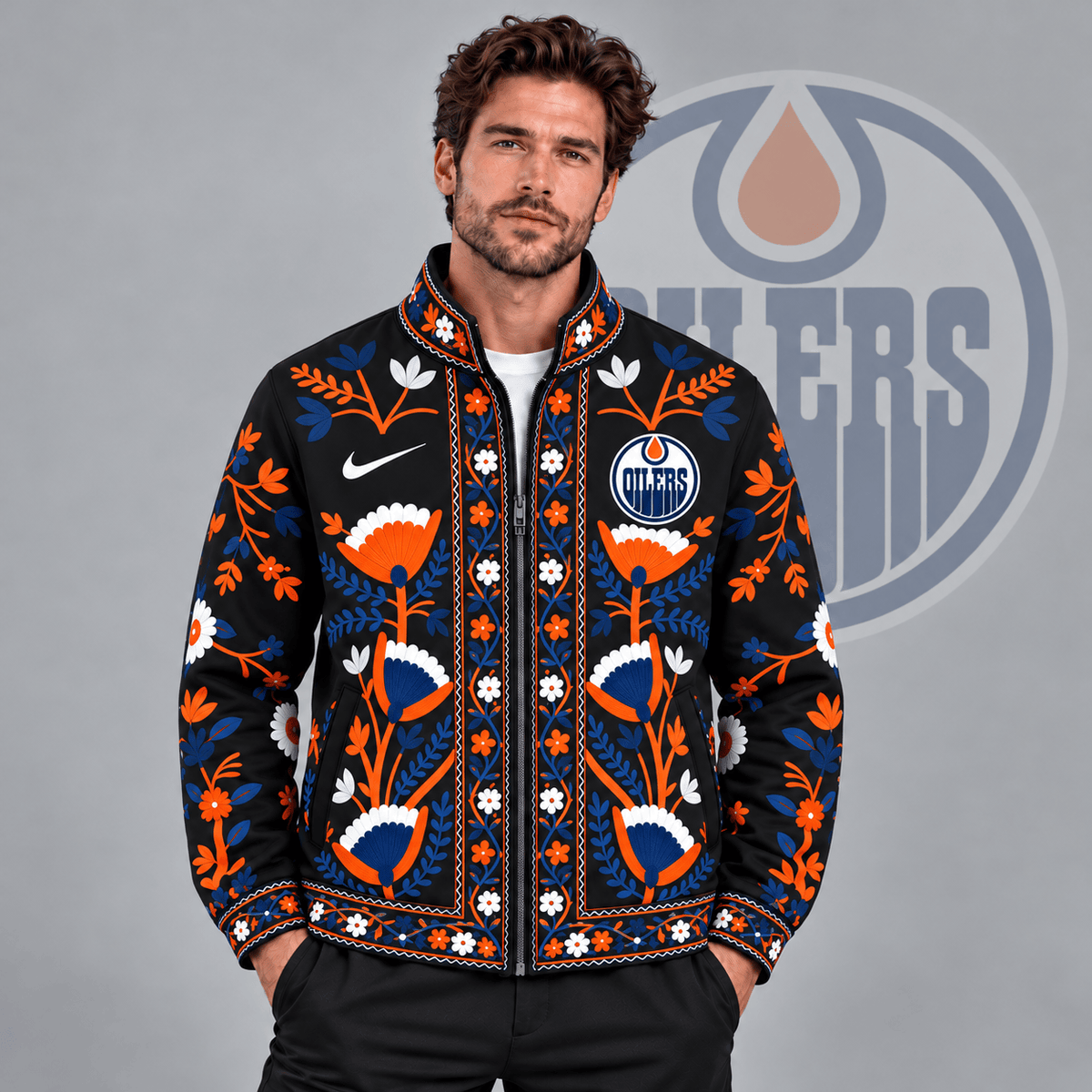 Edmonton Oilers | Premium NHL Heritage Folk Floral Embroidery Style Full Zip Jacket with Elegant Botanical Pattern NDN cover