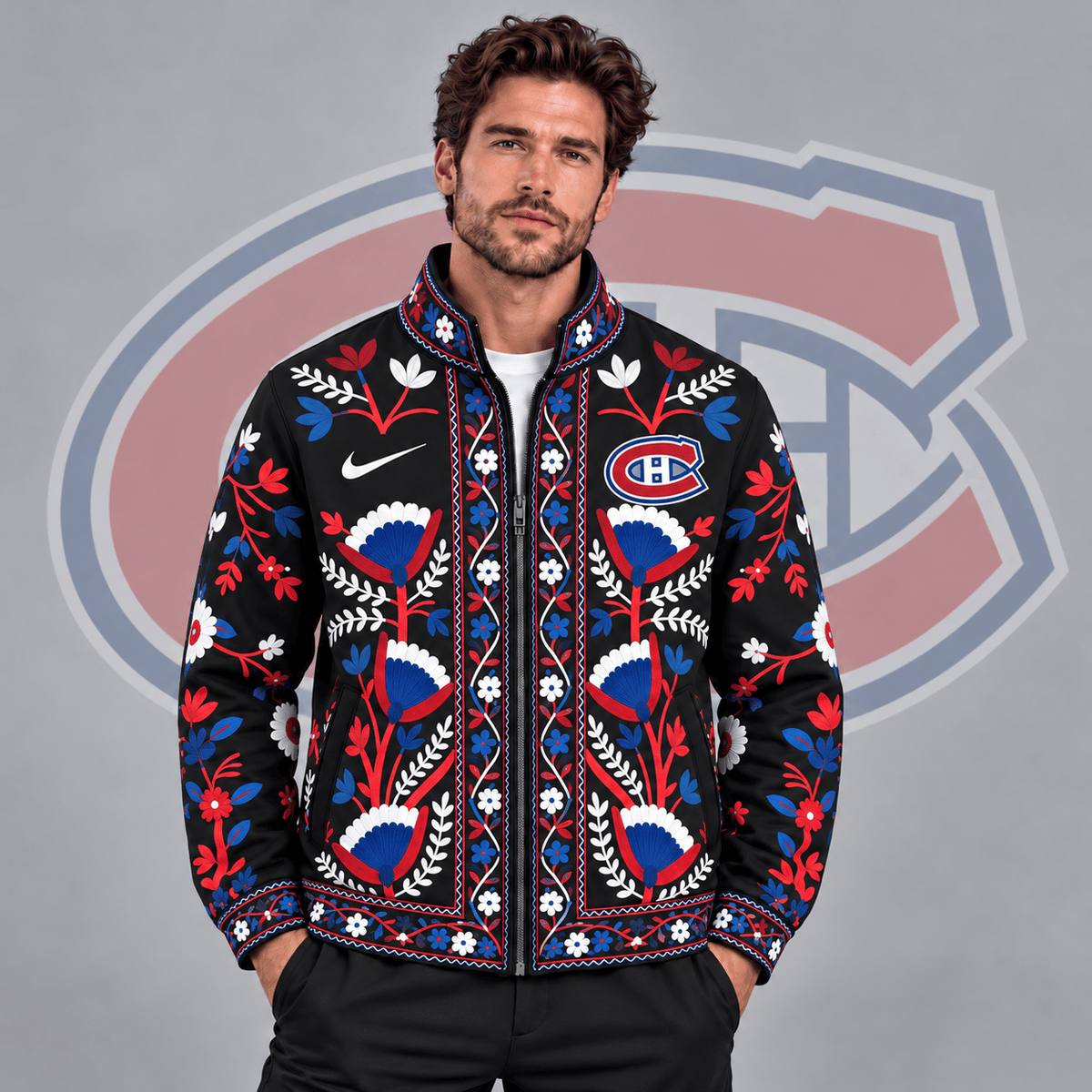 Montreal Canadiens | Premium NHL Heritage Folk Floral Embroidery Style Full Zip Jacket with Elegant Botanical Pattern NDN cover