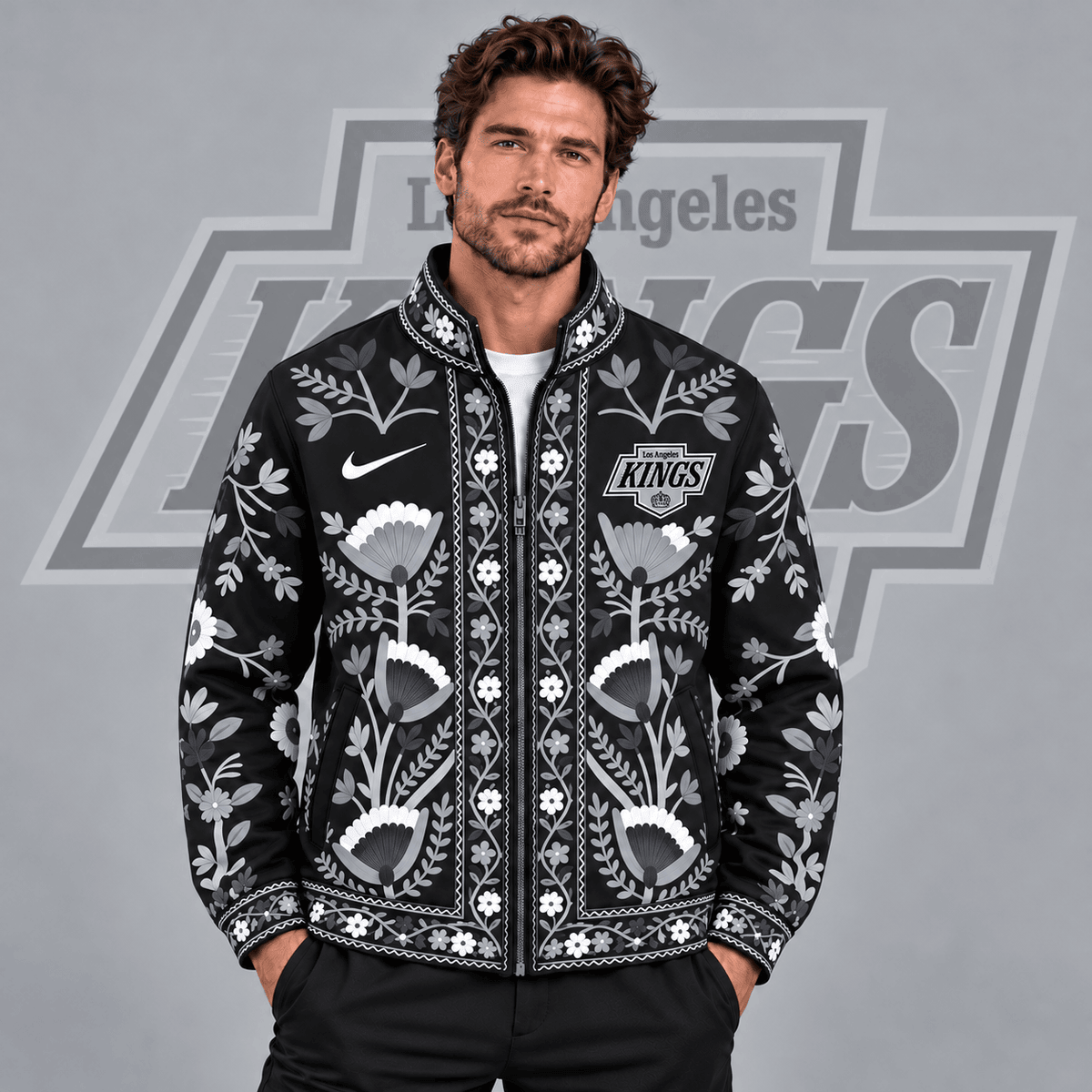 Los Angeles Kings | Premium NHL Heritage Folk Floral Embroidery Style Full Zip Jacket with Elegant Botanical Pattern NDN cover