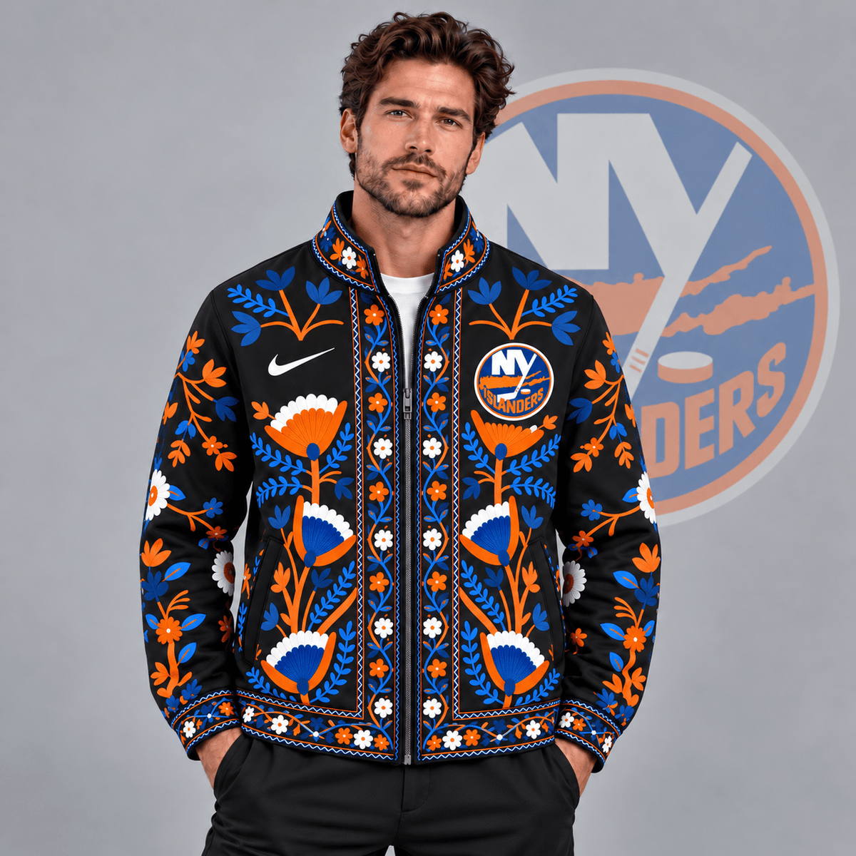 New York Islanders | Premium NHL Heritage Folk Floral Embroidery Style Full Zip Jacket with Elegant Botanical Pattern NDN cover