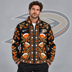 Anaheim Ducks | Premium NHL Heritage Folk Floral Embroidery Style Full Zip Jacket with Elegant Botanical Pattern NDN cover