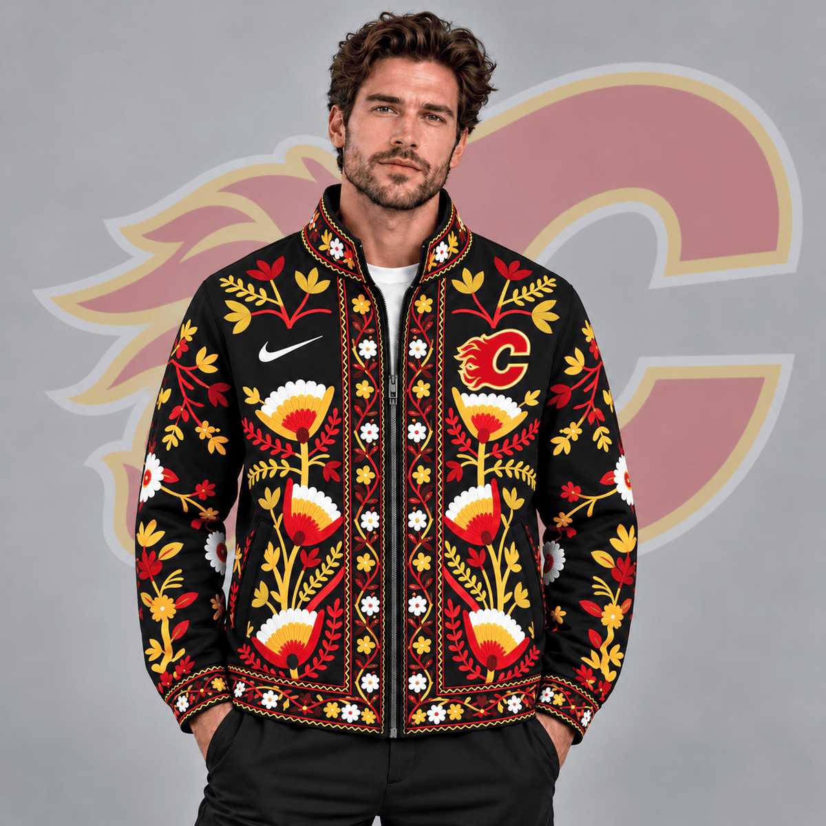 Calgary Flames | Premium NHL Heritage Folk Floral Embroidery Style Full Zip Jacket with Elegant Botanical Pattern NDN cover