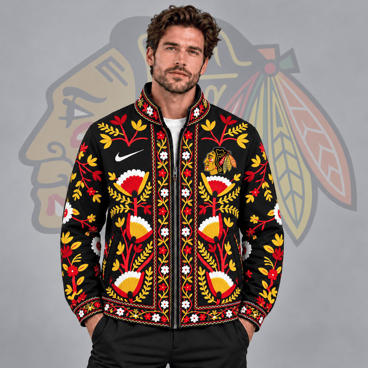 Chicago Blackhawks | Premium NHL Heritage Folk Floral Embroidery Style Full Zip Jacket with Elegant Botanical Pattern NDN cover