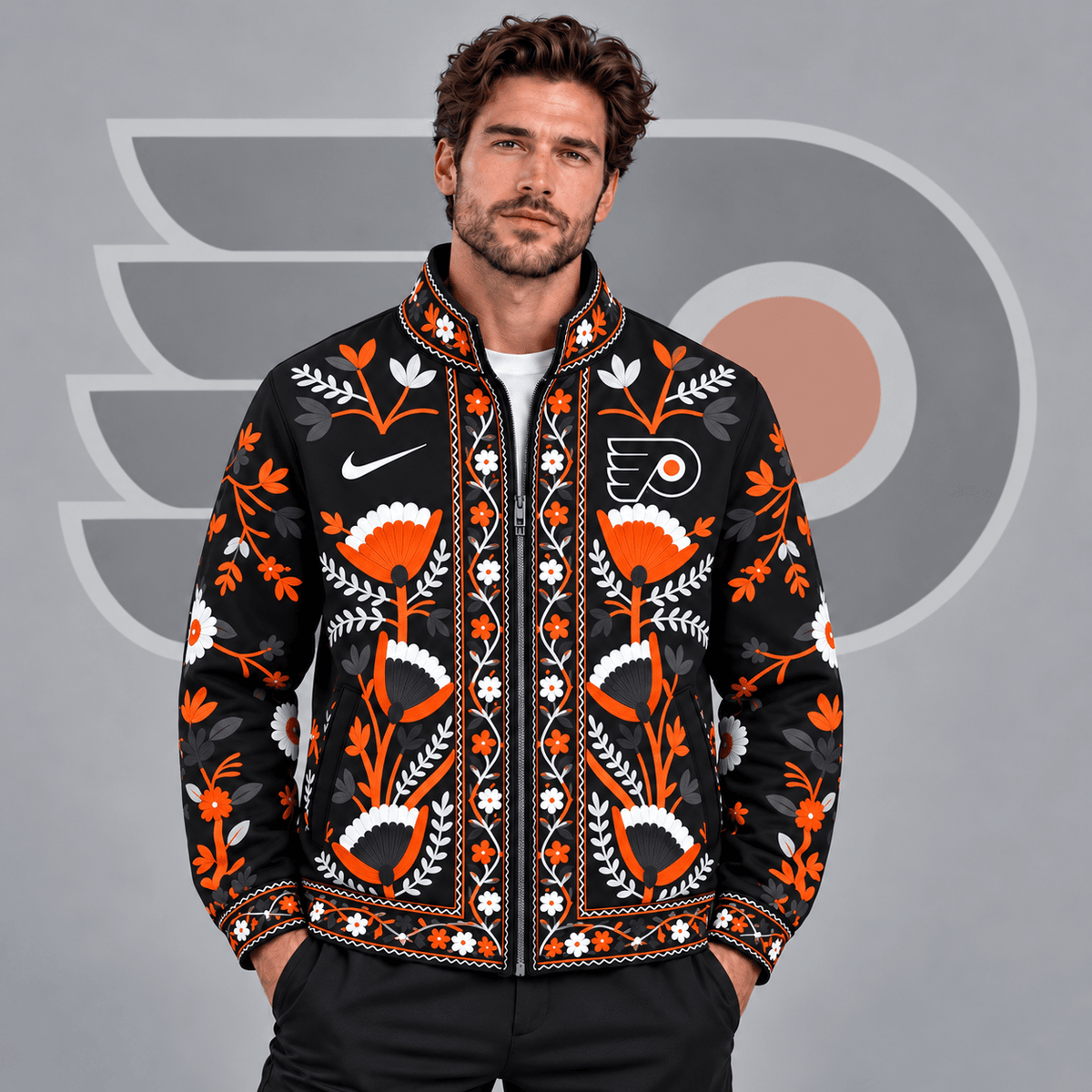 Philadelphia Flyers | Premium NHL Heritage Folk Floral Embroidery Style Full Zip Jacket with Elegant Botanical Pattern NDN cover