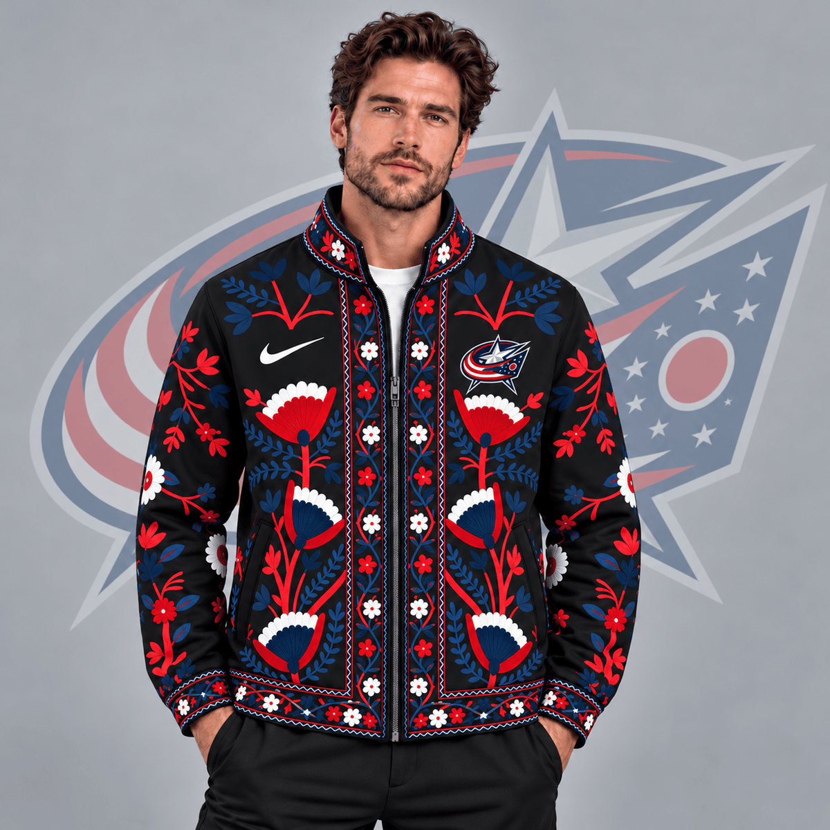 Columbus Blue Jackets | Premium NHL Heritage Folk Floral Embroidery Style Full Zip Jacket with Elegant Botanical Pattern NDN cover