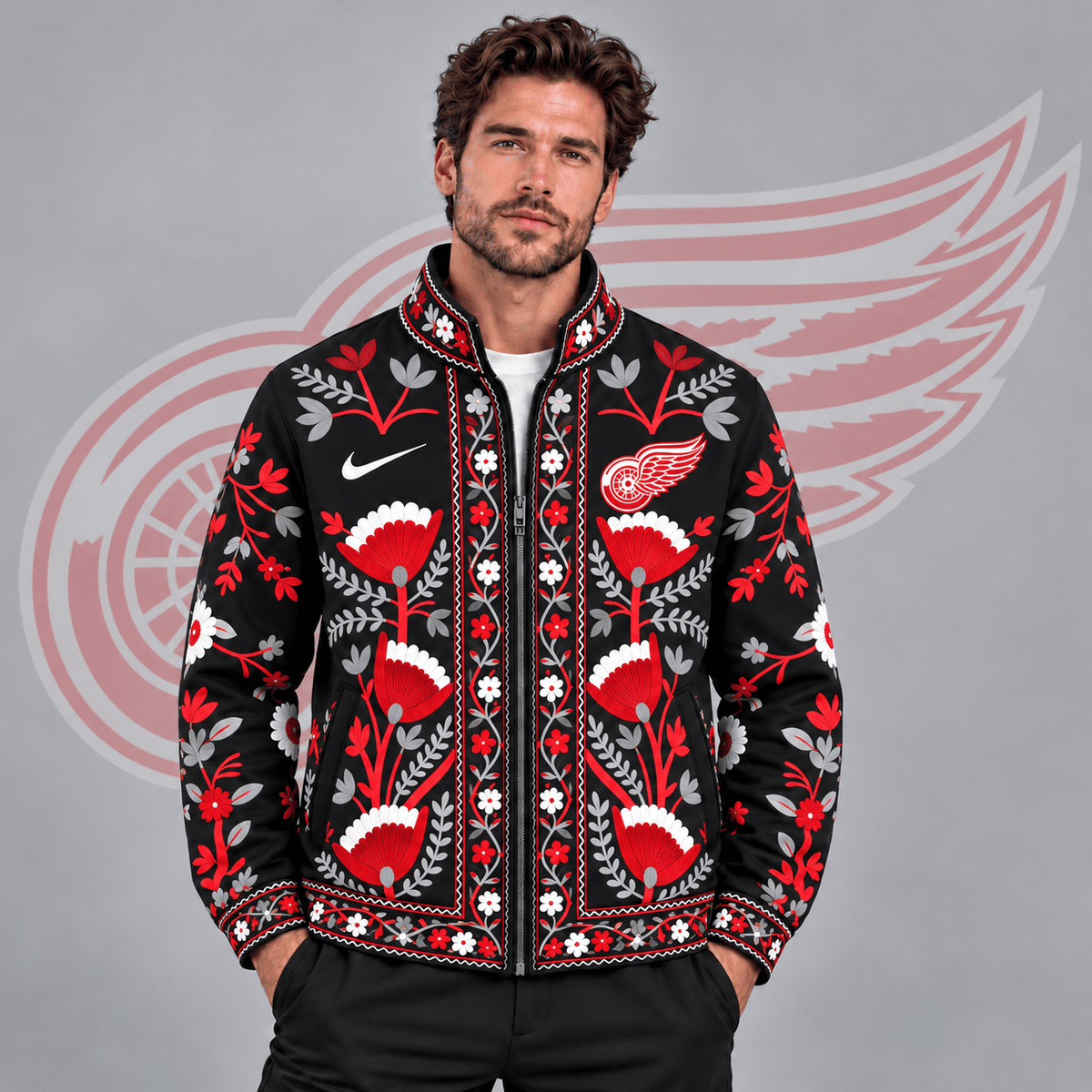 Detroit Red Wings | Premium NHL Heritage Folk Floral Embroidery Style Full Zip Jacket with Elegant Botanical Pattern NDN cover