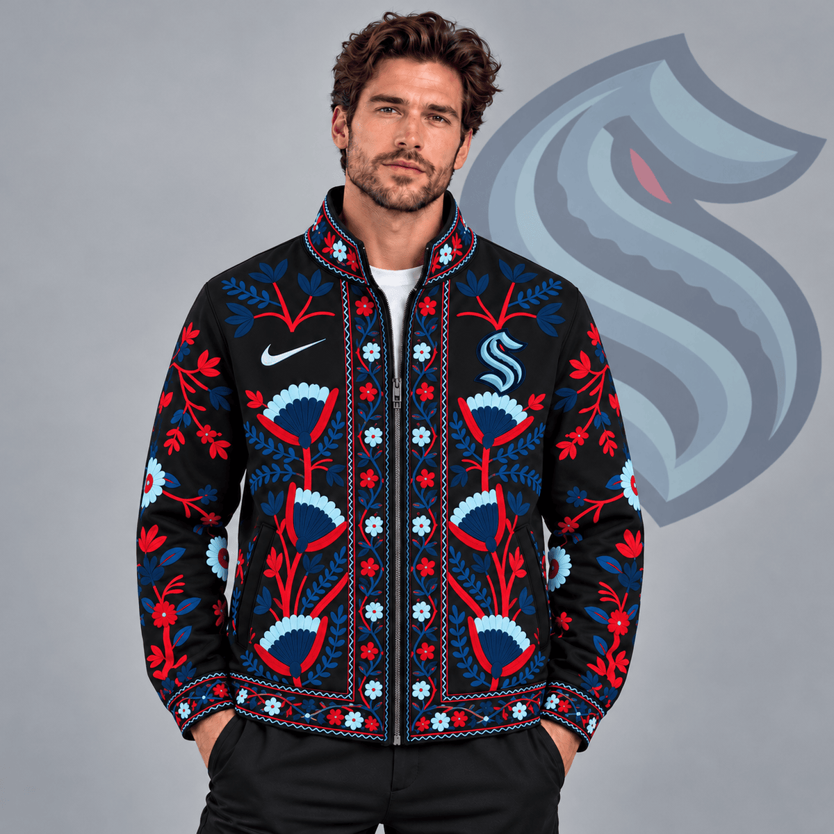 Seattle Kraken | Premium NHL Heritage Folk Floral Embroidery Style Full Zip Jacket with Elegant Botanical Pattern NDN cover
