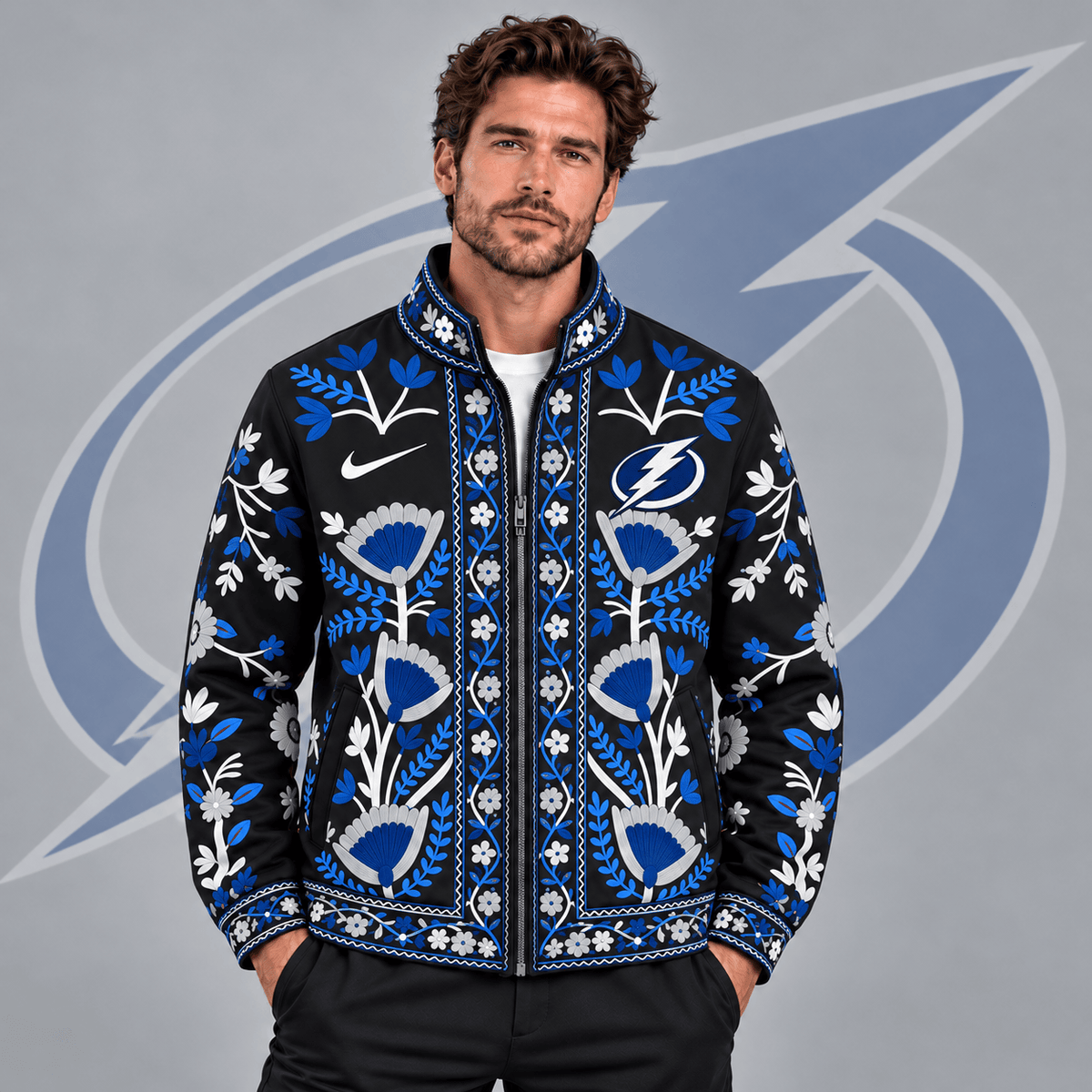 Tampa Bay Lightning | Premium NHL Heritage Folk Floral Embroidery Style Full Zip Jacket with Elegant Botanical Pattern NDN cover