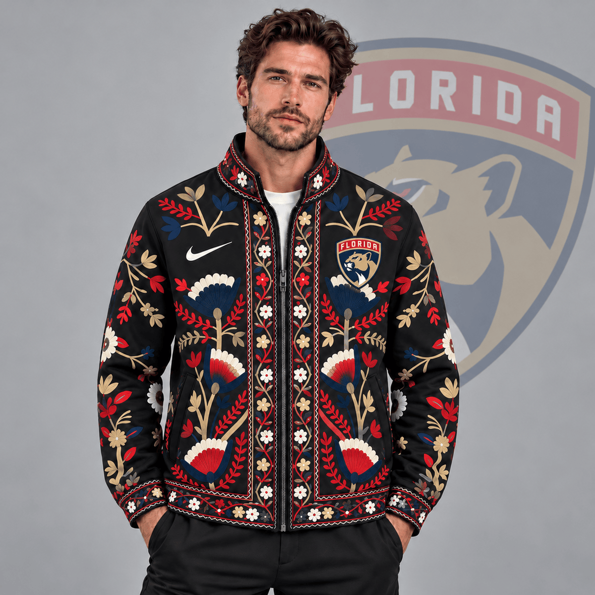Florida Panthers | Premium NHL Heritage Folk Floral Embroidery Style Full Zip Jacket with Elegant Botanical Pattern NDN cover