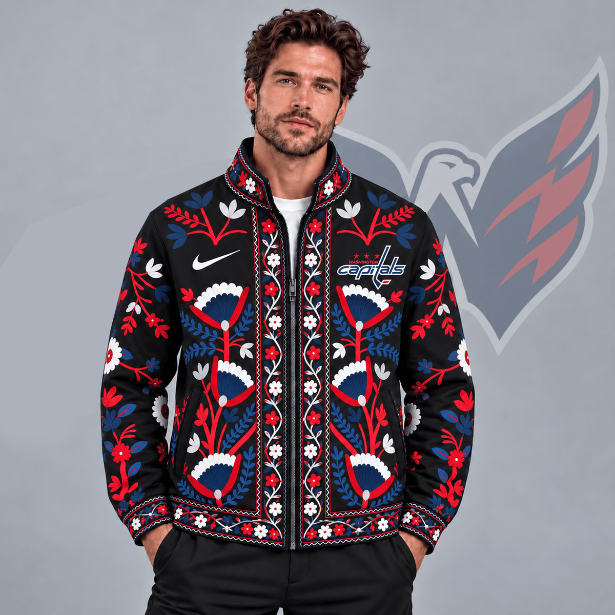 Washington Capitals | Premium NHL Heritage Folk Floral Embroidery Style Full Zip Jacket with Elegant Botanical Pattern NDN cover