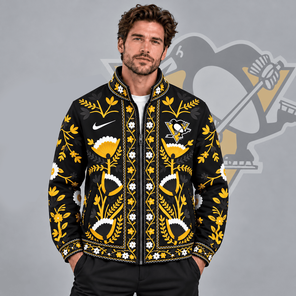 Pittsburgh Penguins | Premium NHL Heritage Folk Floral Embroidery Style Full Zip Jacket with Elegant Botanical Pattern NDN cover
