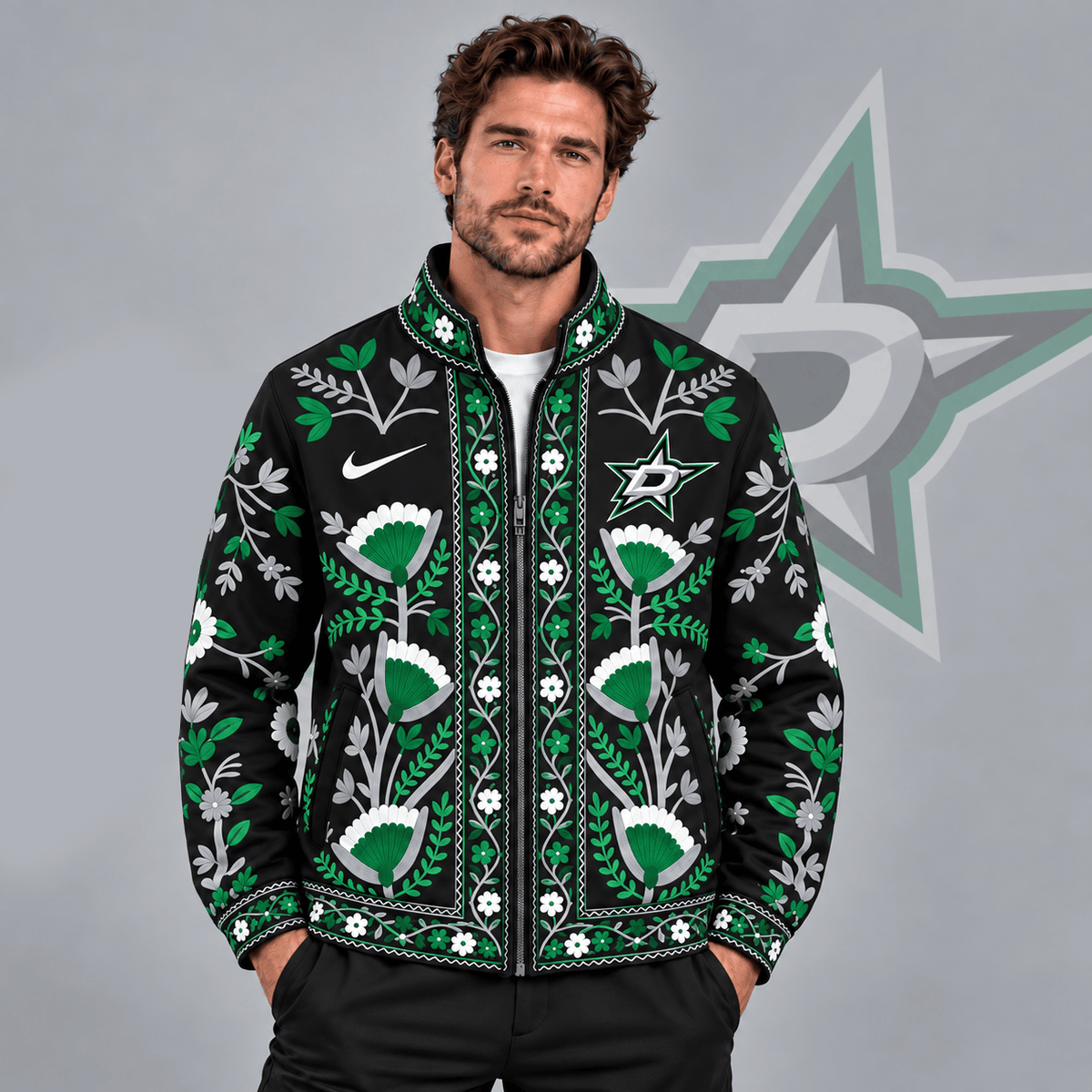 Dallas Stars | Premium NHL Heritage Folk Floral Embroidery Style Full Zip Jacket with Elegant Botanical Pattern NDN cover