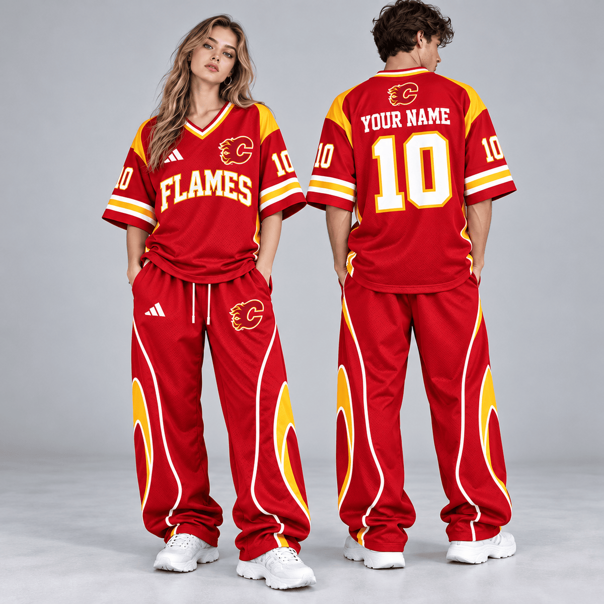 Calgary Flames | Premium NHL Retro V-Neck Hockey Jersey Shirt and Matching Wide Leg Pants Set with Custom Name and Number NDN cover