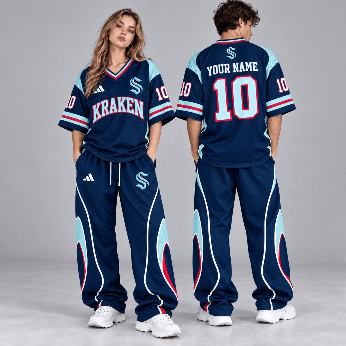 Seattle Kraken | Premium NHL Retro V-Neck Hockey Jersey Shirt and Matching Wide Leg Pants Set with Custom Name and Number NDN cover