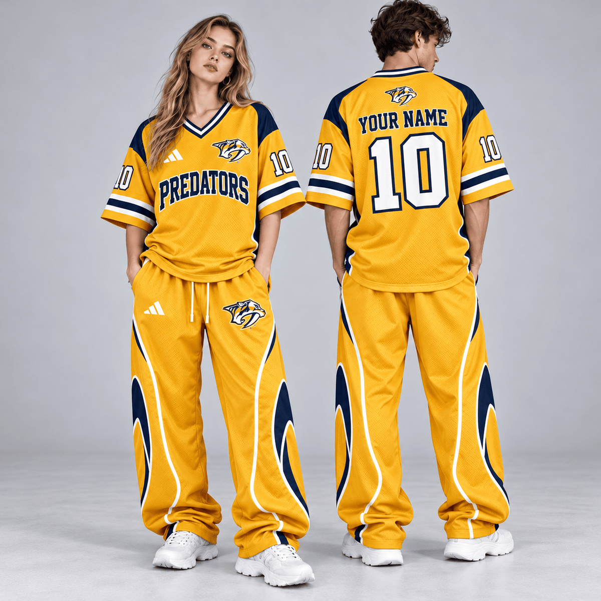 Nashville Predators | Premium NHL Retro V-Neck Hockey Jersey Shirt and Matching Wide Leg Pants Set with Custom Name and Number NDN cover