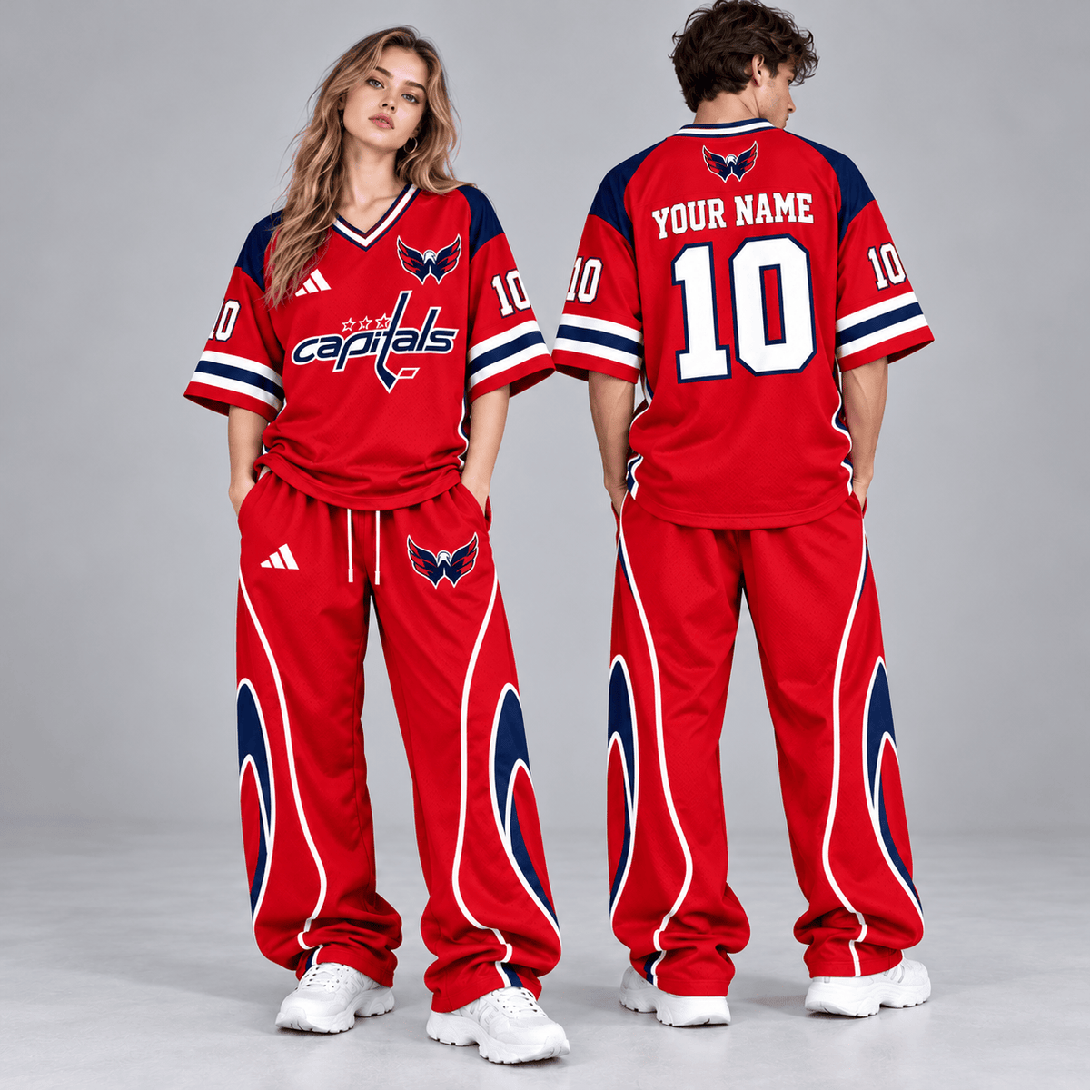 Washington Capitals | Premium NHL Retro V-Neck Hockey Jersey Shirt and Matching Wide Leg Pants Set with Custom Name and Number NDN cover