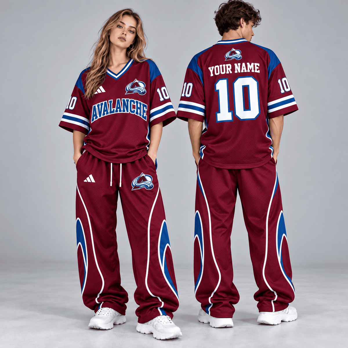 Colorado Avalanche | Premium NHL Retro V-Neck Hockey Jersey Shirt and Matching Wide Leg Pants Set with Custom Name and Number NDN cover