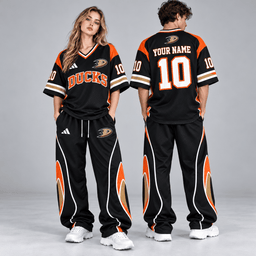 Anaheim Ducks | Premium NHL Retro V-Neck Hockey Jersey Shirt and Matching Wide Leg Pants Set with Custom Name and Number NDN cover