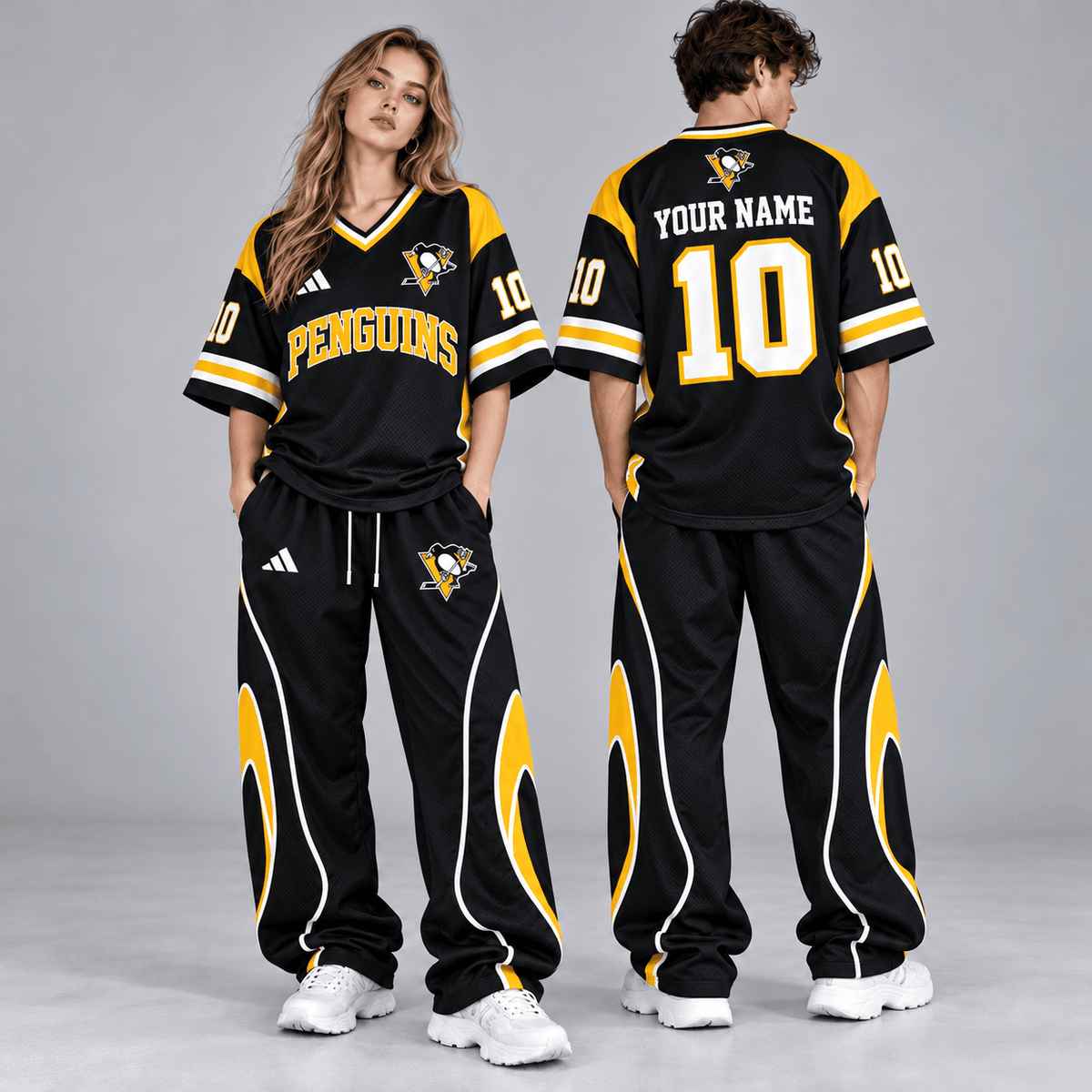 Pittsburgh Penguins | Premium NHL Retro V-Neck Hockey Jersey Shirt and Matching Wide Leg Pants Set with Custom Name and Number NDN cover