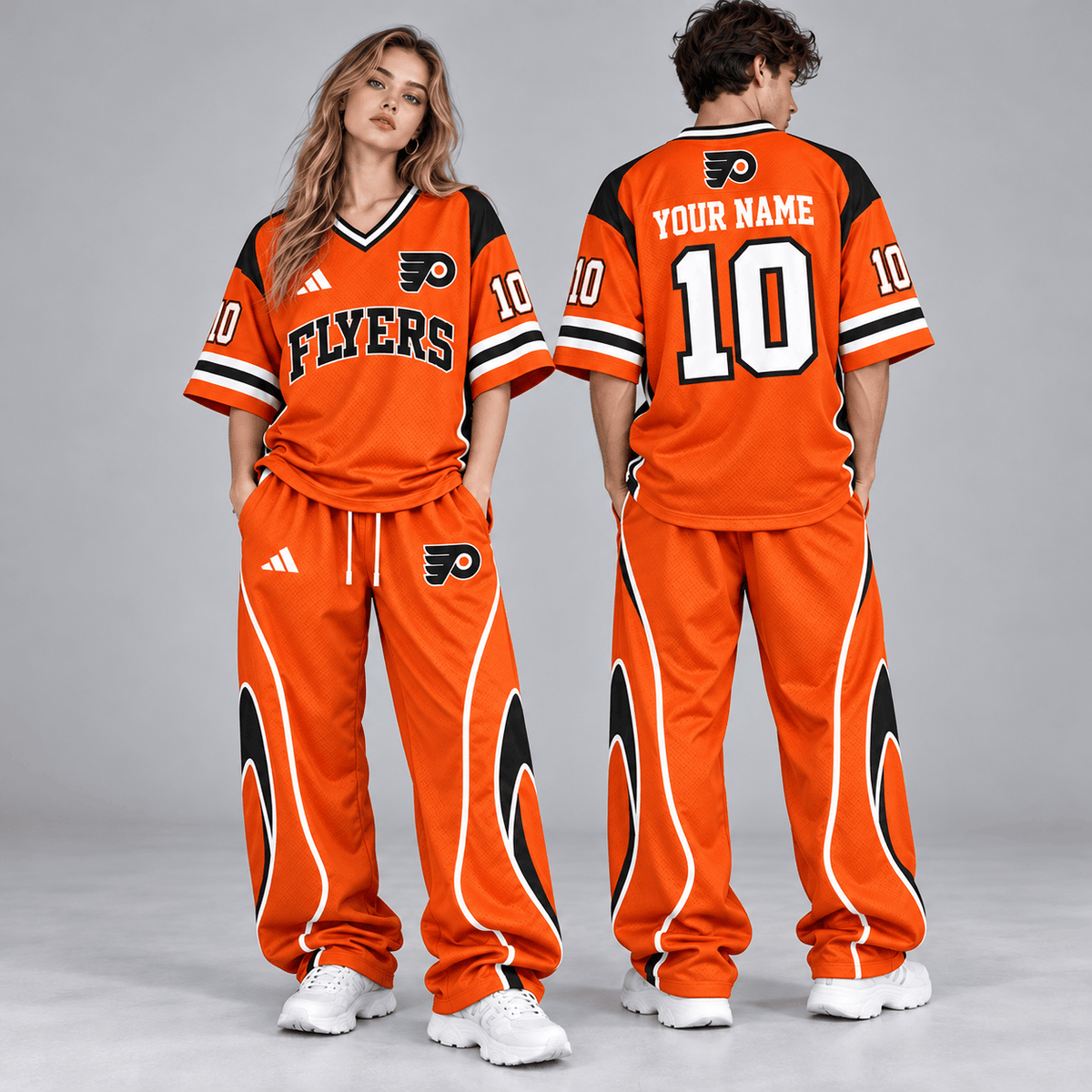 Philadelphia Flyers | Premium NHL Retro V-Neck Hockey Jersey Shirt and Matching Wide Leg Pants Set with Custom Name and Number NDN cover