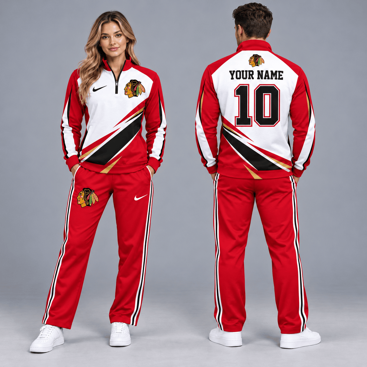 Chicago Blackhawks | Premium NHL Velocity Slash Quarter Zip Pullover Jacket and Matching Straight Leg Track Pants Set with Custom Name and Number NDN cover