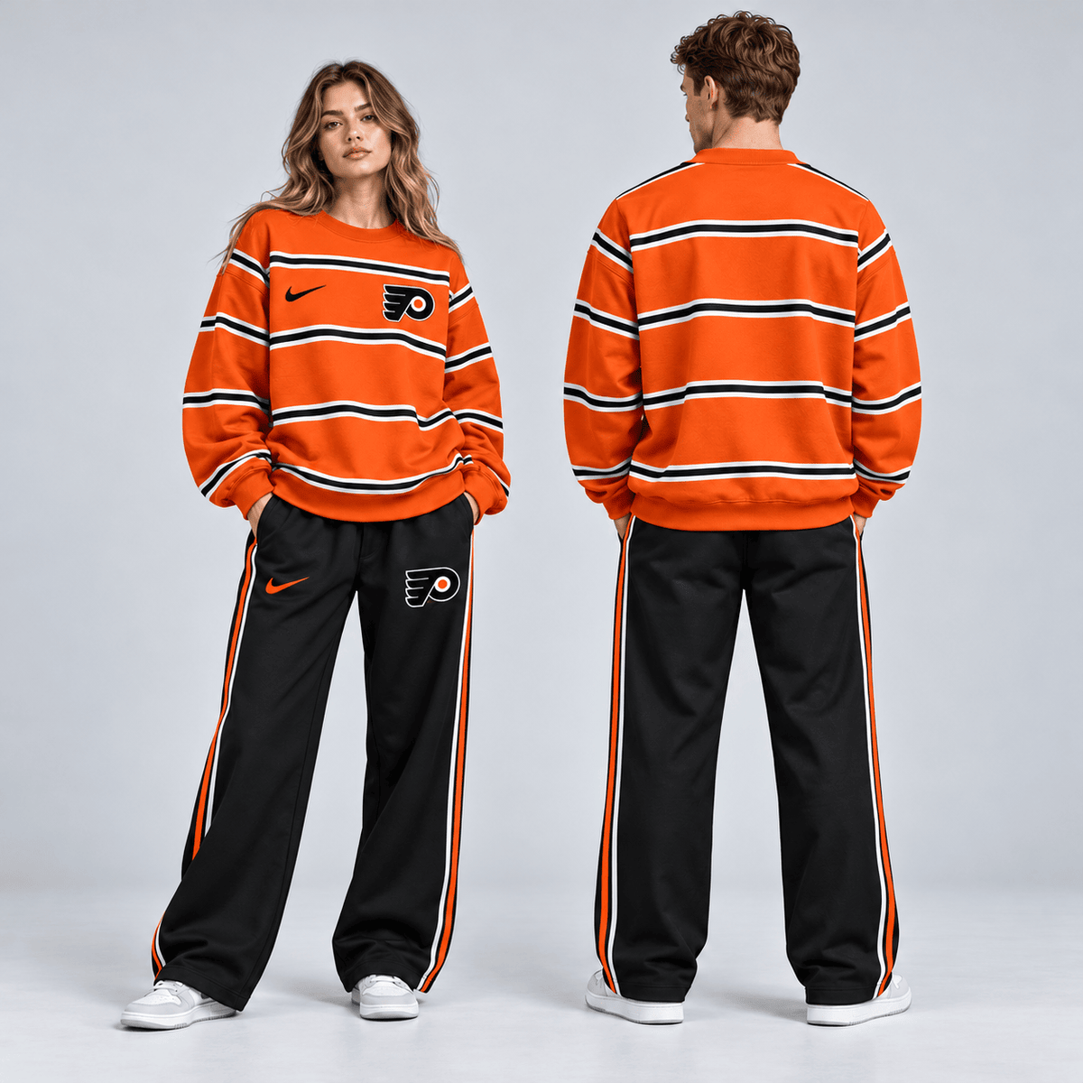 Philadelphia Flyers | Premium NHL Classic Horizontal Stripe Crewneck Sweatshirt and Matching Wide Leg Sweatpants Set NDN cover