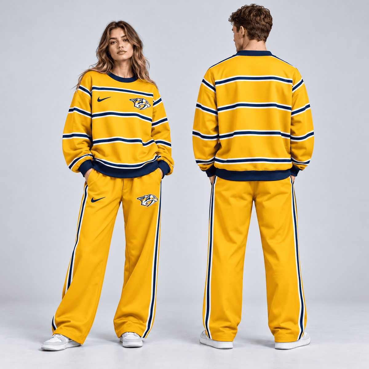 Nashville Predators | Premium NHL Classic Horizontal Stripe Crewneck Sweatshirt and Matching Wide Leg Sweatpants Set NDN cover