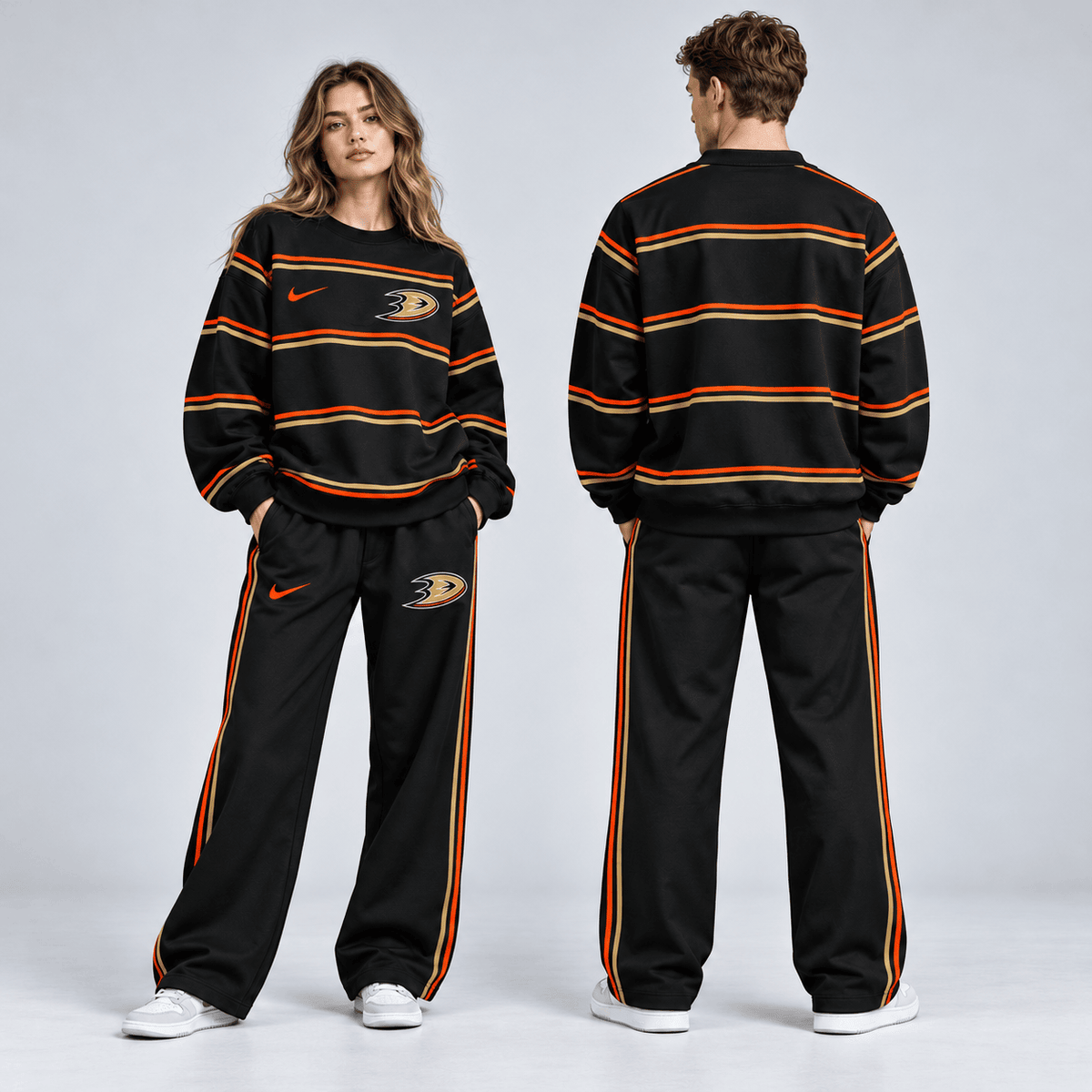Anaheim Ducks | Premium NHL Classic Horizontal Stripe Crewneck Sweatshirt and Matching Wide Leg Sweatpants Set NDN cover