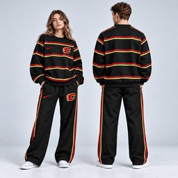 Calgary Flames | Premium NHL Classic Horizontal Stripe Crewneck Sweatshirt and Matching Wide Leg Sweatpants Set NDN cover